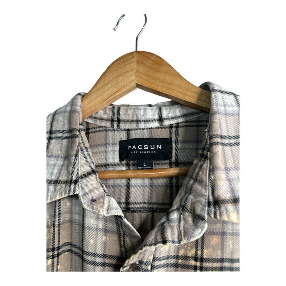 PacSun Flannel Button Down Men's Shirt Sz L Tan, White & Black w/Gold Hints - Picture 3 of 9